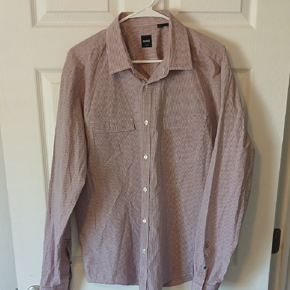 HUGO BOSS Men's Red Checkered long sleeve button down Shirt XXL Slim Fit